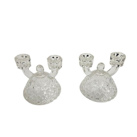 Imperial Glass Clear Crystal Double Candle Holders Set of 2, 4.5" Diamond Cut - Picture 1 of 3